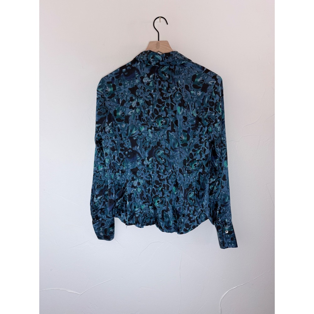 Valerie Stevens 95% Silk Stretch Teal Blue Floral Button Down Blouse 12